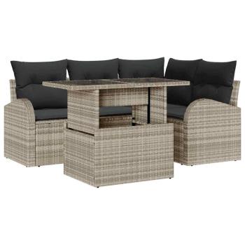 5-teilige Garten-Sofa-Set mit Kissen in hellgrauem Poly-Rattan