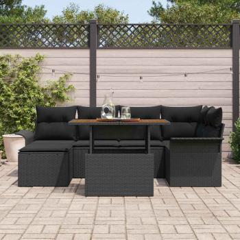 7-teilige Garten-Essgruppe mit Kissen Schwarz Poly Rattan Akazie