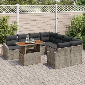 9-teiliges Garten Essset mit Kissen in Grau Poly Rattan Akazie