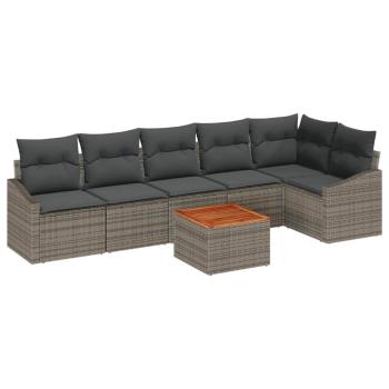 7-teiliges Garten Sofa Set mit Kissen Grau Poly Rattan Akazie