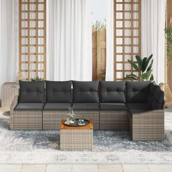 7-teiliges Garten Sofa Set mit Kissen Grau Poly Rattan Akazie
