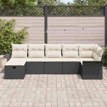 7-teiliges Garten Sofa Set mit Kissen Schwarz Poly Rattan
