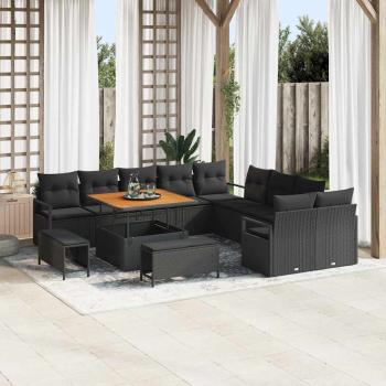 ARDEBO.de - 13-teiliges Garten-Sofa-Set mit Kissen Schwarz Poly-Rattan Akazie, 2-Sitzer Garten-Sofa mit Stauraum & Kissen Schwarz Poly-Rattan, 3-teiliges Garten-Esszelt-Set mit Kissen Schwarz Poly-Rattan Akazie