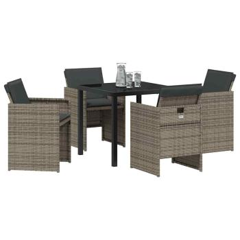 5-teiliges Garten-Esstischset mit Kissen Grau Poly Rattan