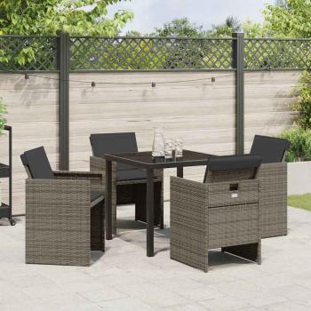 5-teiliges Garten-Esstischset mit Kissen Grau Poly Rattan