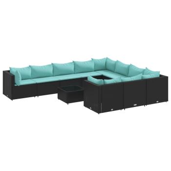 11-tlg. Garten-Sofagarnitur mit Kissen Schwarz Poly Rattan