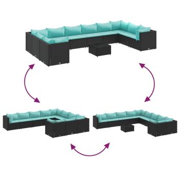 11-tlg. Garten-Sofagarnitur mit Kissen Schwarz Poly Rattan