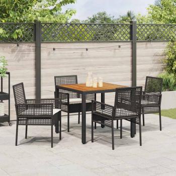 5-teiliges Garten-Essgruppen-Set mit Kissen in Schwarz aus Poly-Rattan