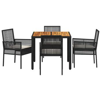 5-teiliges Garten-Essgruppen-Set mit Kissen in Schwarz aus Poly-Rattan