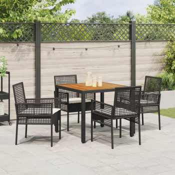 5-teiliges Garten-Essgruppen-Set mit Kissen in Schwarz aus Poly-Rattan