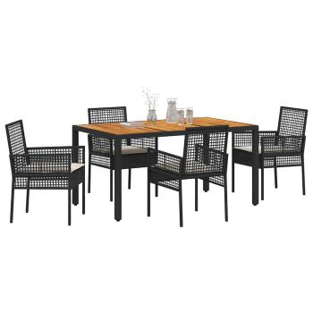 5-teiliges Garten Esszimmer Set mit Kissen Schwarz Poly Rattan