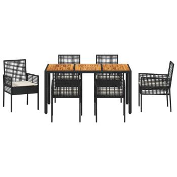 7-teilige Essgruppe für den Garten mit Kissen in Schwarz aus Poly-Rattan