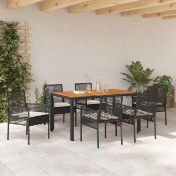 7-teilige Essgruppe für den Garten mit Kissen in Schwarz aus Poly-Rattan