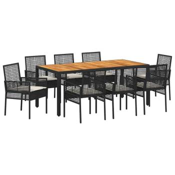 9-teiliges Garten Essset mit Kissen in Schwarz Poly Rattan