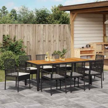 9-teiliges Garten Essset mit Kissen in Schwarz Poly Rattan
