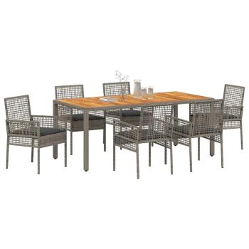 7-teiliges Garten-Eßtisch-Set mit Kissen grau Poly-Rattan