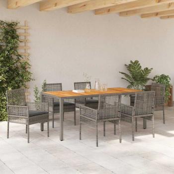 7-teiliges Garten-Eßtisch-Set mit Kissen grau Poly-Rattan