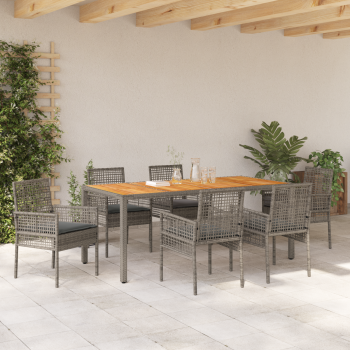 7-teiliges Garten-Eßtisch-Set mit Kissen grau Poly-Rattan