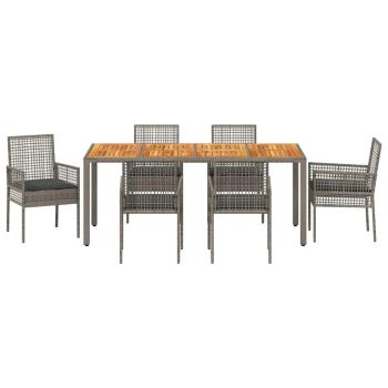 7-teiliges Garten-Eßtisch-Set mit Kissen grau Poly-Rattan