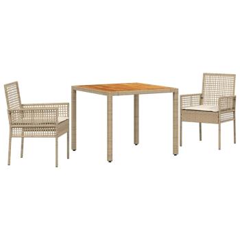 3-teiliges Garten-Essset mit Kissen Beige Poly Rattan