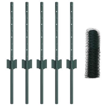 Zaunpfosten 5 Stk U-Kanal Grün 40 cm Stahl, Sechseckzaun Grün 0,4x10 m Stahl