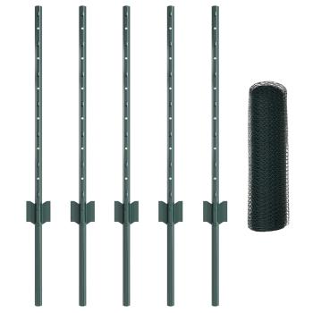 Zaunpfosten 5 Stück U-Kanal Grün 60 cm Stahl, Sechseckzaun Grün 0,5x10 m Stahl
