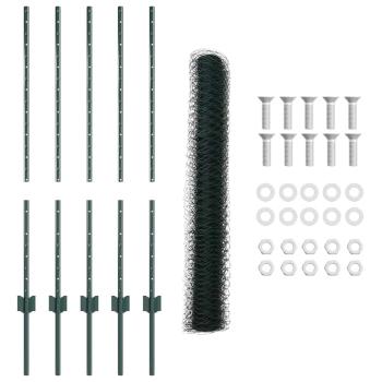 Zaunpfosten 5 Stück U-Profil Grün 100 cm Stahl, Sechseckzaun Grün 1x10 m Stahl