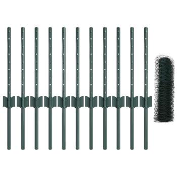 Zaunpfosten 11 Stück U-Profil Grün 40 cm Stahl, Sechseckzaun Grün 0.4x25 m Stahl