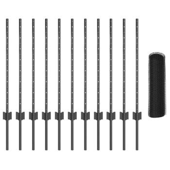 Zaunpfosten 11 Stück U-Kanal Grau 80 cm Stahl, Sechseckzaun Grau 0.8x25 m Stahl