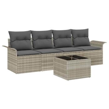 5-teiliges Garten-Sofa-Set mit Kissen Hellgrau Poly-Rattan