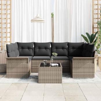 7-teiliges Garten-Sofa-Set mit Kissen Grau Poly-Rattan