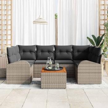 7-teiliges Gartensofa Set mit Kissen Grau Poly Rattan Akazie