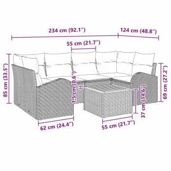 7-teiliges Garten Sofa Set mit Kissen Beige Poly Rattan Akazie