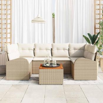 ARDEBO.de - 7-teiliges Garten-Sofa-Set mit Kissen Beige Poly Rattan Akazie