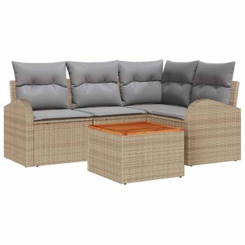 5-teiliges Garten Sofa Set mit Kissen in Beige Poly Rattan und Akazie