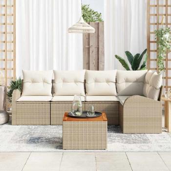 6-teiliges Garten Sofa Set mit Kissen, Beige, Poly Rattan, Akazie