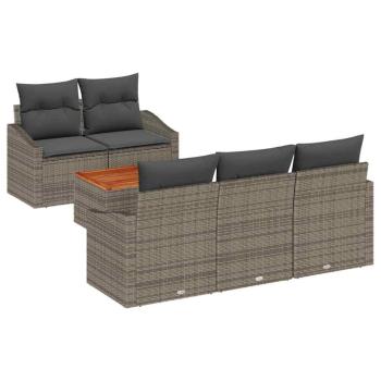 6-teiliges Garten Sofa Set mit Kissen Grau Poly Rattan Akazie