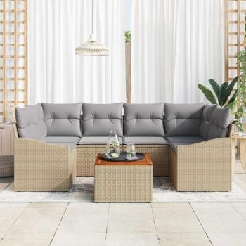 7-Teiliges Garten Sofa Set mit Kissen Beige Poly Rattan Akazie