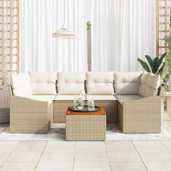 7-teiliges Garten-Sofa Set mit Kissen Beige Poly Rattan Akazie