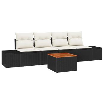 5-teiliges Garten-Sofa-Set mit Kissen Schwarz Poly Rattan Akazie