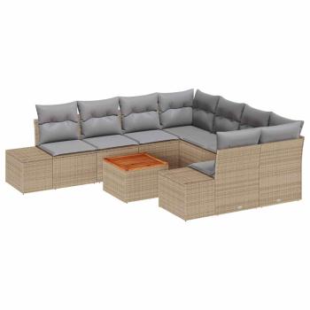 9-teiliges Garten-Sofa-Set mit Kissen Beige Poly Rattan Akazie