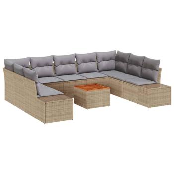 10-teiliges Garten Sofa Set mit Kissen Beige Poly Rattan Akazie