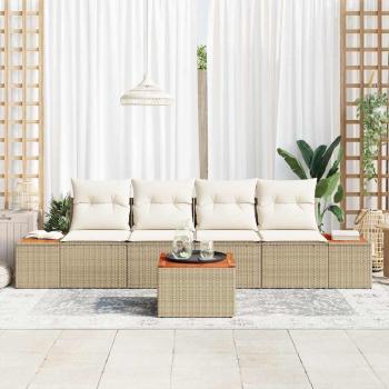 5-teiliges Garten-Sofaset mit Kissen Beige Poly-Rattan Akazie