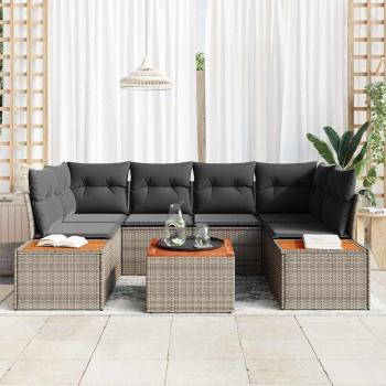 7-teiliges Garten Sofa Set mit Kissen Grau Poly Rattan