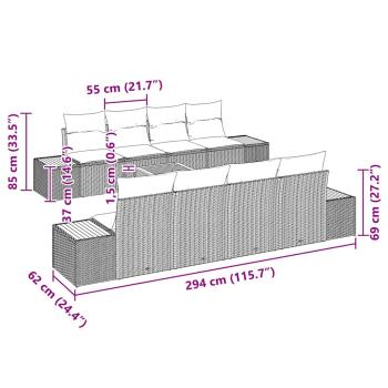 9-teiliges Garten Sofa Set mit Kissen Schwarz Poly Rattan Akazie