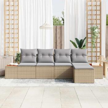5-teiliges Garten Sofa Set mit Kissen Beige Poly-Rattan Akazie