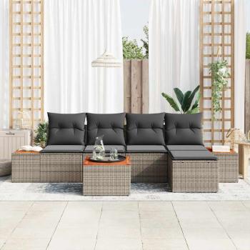 6-teilige Garten Sofaset mit Kissen Grau Poly Rattan Akazie