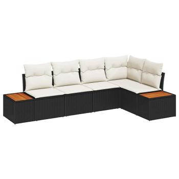 5-teiliges Garten Sofa Set mit Kissen Schwarz Poly Rattan Akazie