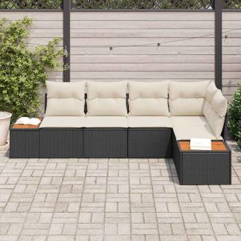 5-teiliges Garten Sofa Set mit Kissen Schwarz Poly Rattan Akazie