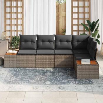 5-teiliges Garten-Sofa-Set mit Kissen Grau Poly-Rattan Akazie